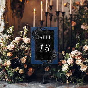 Gothic Black Raven & Black Roses Blaue Hochzeit Tischnummer
