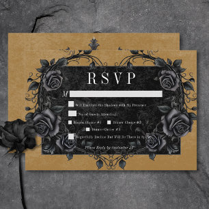 Gothic Black Raven & Black Roses Gold Dinner RSVP Karte