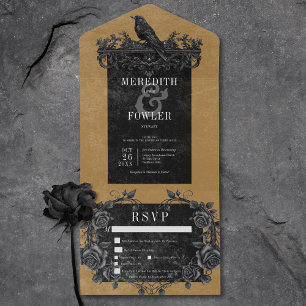 Gothic Black Raven & Black Roses Gold Dreigang-Men All In One Einladung
