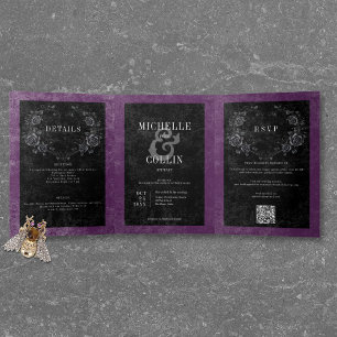 Gothic Black Raven & Black Roses Lila Hochzeit Dreifach Gefaltete Einladung