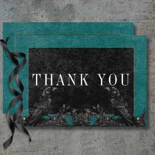 Gothic Black Raven & Black Roses Teal Details Dankeskarte