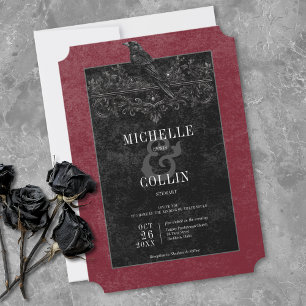 Gothic Black Raven & Black Roses Wein Hochzeit Einladung