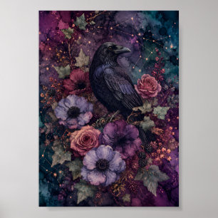 Gothic Black Raven Celestial Art Moody Floral Kräh Poster