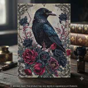 Gothic Black Raven Floral Notecard Karte