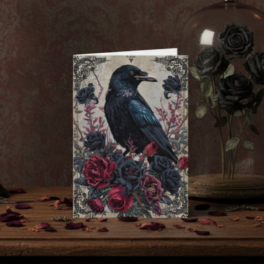 Gothic Black Raven Floral Notecard Karte