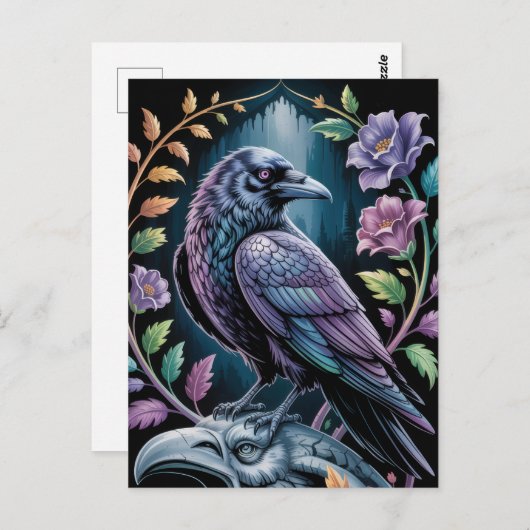 Gothic Black Raven mit Florals Postkarte (Vorne/Hinten)
