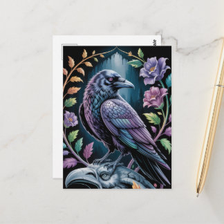 Gothic Black Raven mit Florals Postkarte
