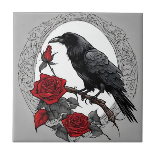 Gothic Black Raven mit Rote Rosen Fliese (Vorderseite)