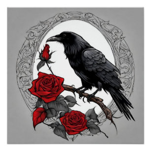 Gothic Black Raven mit Rote Rosen Poster