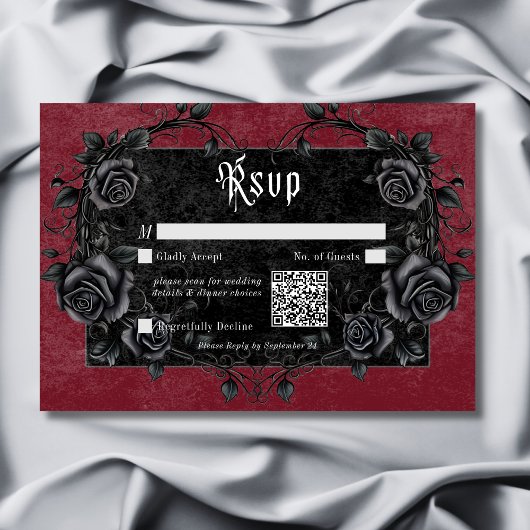 Gothic Black Raven & Rose Burgund QR Code RSVP Karte
