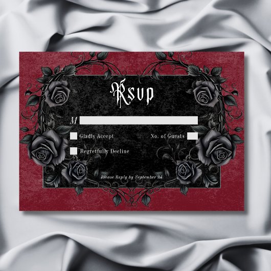 Gothic Black Raven & Rose Burgundy No Dinner RSVP Karte