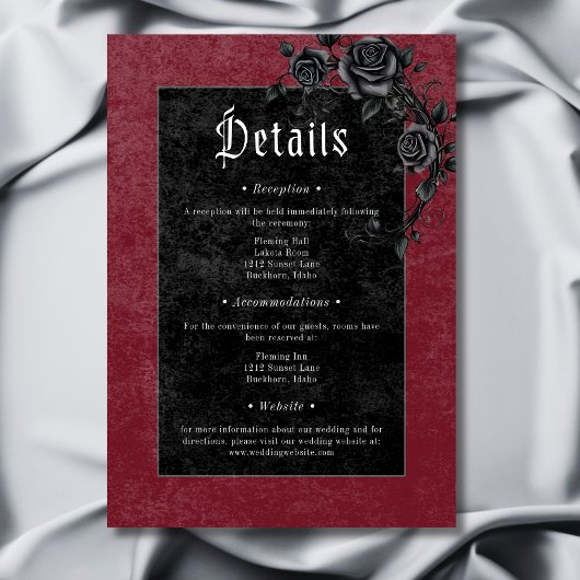 Gothic Black Raven Rose Burgundy Wedding Details Begleitkarte