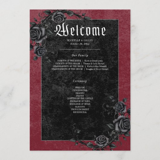 Gothic Black Raven & Rose Hochzeit Programm (Vorderseite)