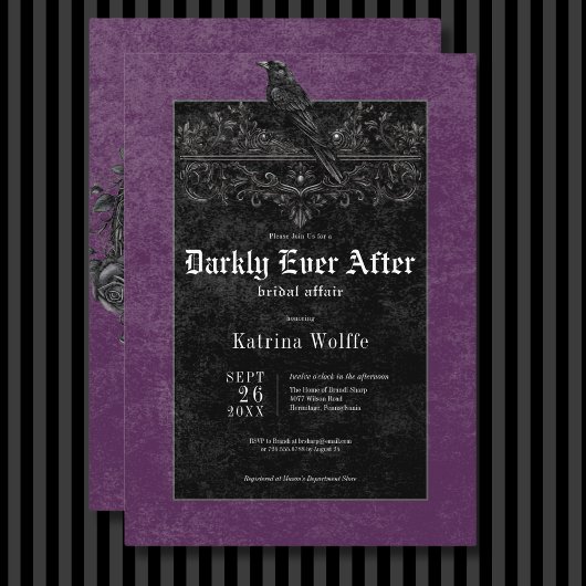 Gothic Black Raven & Rose Lila Brautparty Einladung
