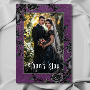 Gothic Black Raven & Rose Lila Foto Hochzeit Dankeskarte