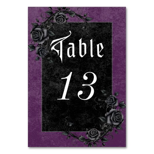 Gothic Black Raven & Rose Lila Hochzeit Tischnummer (Vorderseite)