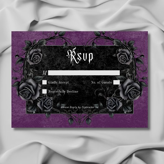 Gothic Black Raven & Rose Lila Kein Abendessen RSVP Karte