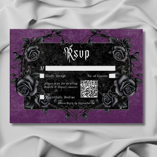Gothic Black Raven & Rose Lila QR-Code RSVP Karte