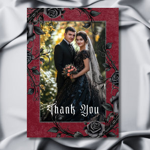 Gothic Black Raven & Roses Burgund Foto-Hochzeit Dankeskarte