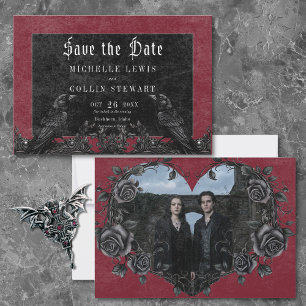 Gothic Black Raven & Roses Burgund Foto Hochzeit Save The Date