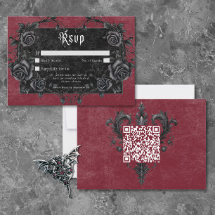 Gothic Black Raven & Roses Burgund QR-Code RSVP Karte