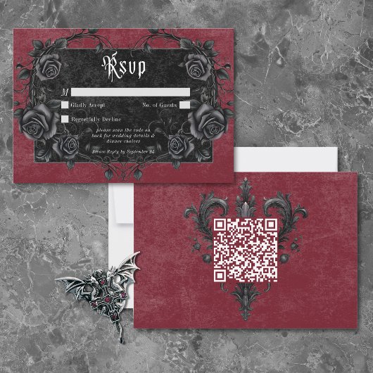 Gothic Black Raven & Roses Burgundy QR Code RSVP Karte