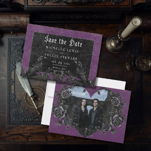Gothic Black Raven & Roses Lila Foto-Hochzeit Save The Date