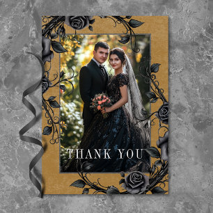 Gothic Black Raven Schwarze Rosen Gold Foto Hochze Dankeskarte