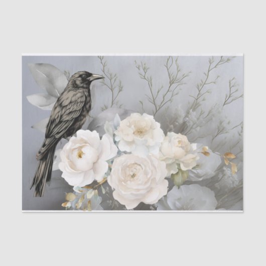 Gothic Black Raven White Flowers Seidenpapier (Vorderseite)