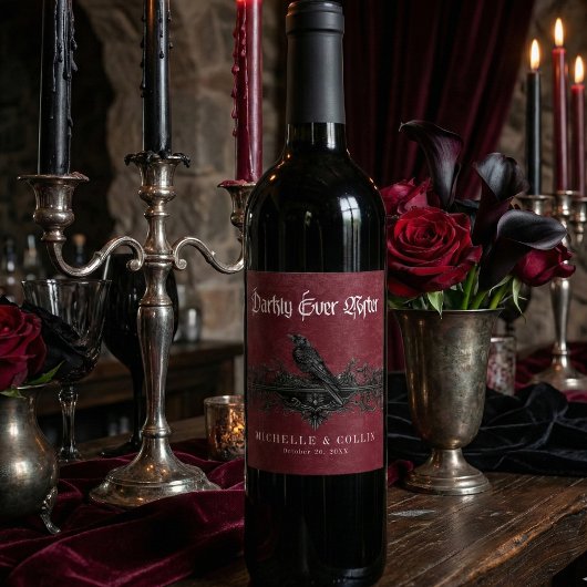 Gothic Black Raven Wine Darkly Ever After Wedding Weinetikett