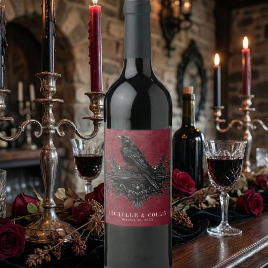 Gothic Black Raven Wine Darkly Ever After Wedding Weinetikett