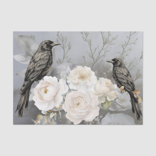 Gothic Black Ravens & Weiße Blumen Seidenpapier (Vorderseite)