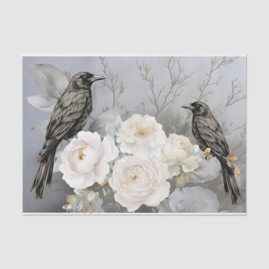 Gothic Black Ravens & Weiße Blumen Seidenpapier (Vorderseite)