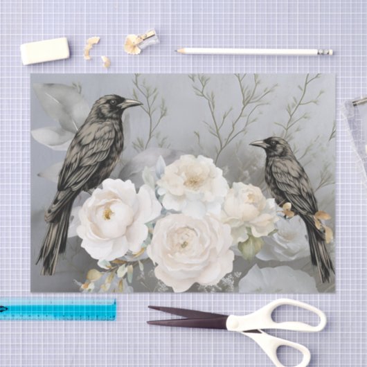 Gothic Black Ravens & White Flowers  Seidenpapier (Handwerk)