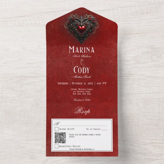 Gothic Black & Red Filigree Herz Red QR Code All In One Einladung (Innen Boden)