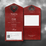 Gothic Black & Red Filigree Herz Red QR Code All In One Einladung<br><div class="desc">MIT ODER OHNE QR CODE IM UAWG BEREICH ODER MIT ODER OHNE ABENDESOPTIONEN. Mit diesem Vintagen inspirierten Design lassen Sie sich von der geheimnisvollen Faszination Ihres besonderen Tages verzaubern. Ein bedrückter blutroter Hintergrund Set die Bühne für eine Feier, die die Zeit überschreitet. Der antike, inspirierte weiße Text verspricht ewige Hingabe,...</div>