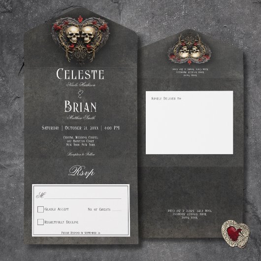 Gothic Black & Red Skulls & Heart Black No Dinner All In One Einladung
