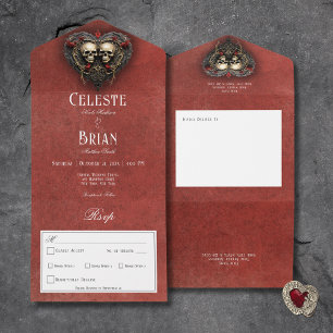 Gothic Black & Red Skulls & Heart Red Dinner All In One Einladung