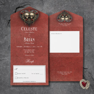 Gothic Black & Red Skulls & Heart Red No Dinner All In One Einladung