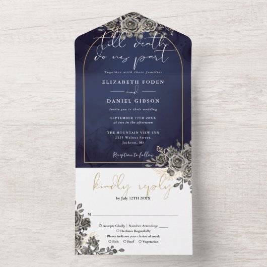 Gothic Black Rose Blumengold-Arch-Hochzeit All In One Einladung (Innen Boden)