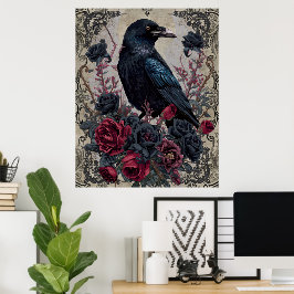 Gothic Black Rose Raven Art Poster