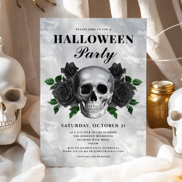 Gothic Black Rose & Skull Halloween-Party Einladung
