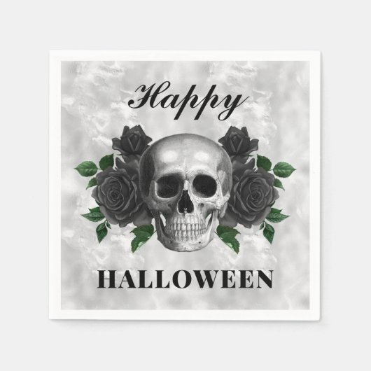 Gothic Black Rose & Skull Happy Halloween Serviette (Vorderseite)