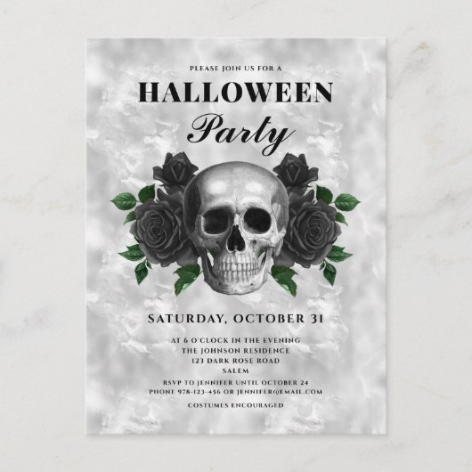 Gothic Black Rose und Skull Halloween-Party Postkarte (Vorderseite)