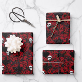 Gothic Black Roses Black Hearts and Skulls Geschenkpapier Set