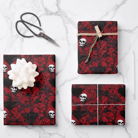 Gothic Black Roses Black Hearts and Skulls Geschenkpapier Set (Vorderseite)