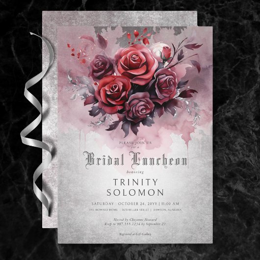 Gothic Black & Rote Rose Floral Bridal Luncheon Einladung