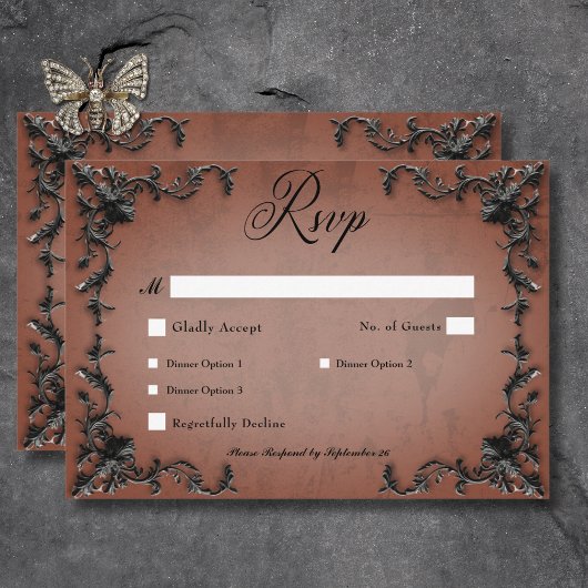 Gothic Black & Rust Filigree Herzessen RSVP Karte