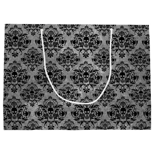 Gothic Black Skull Damask Muster Große Geschenktüte (Rückseite)