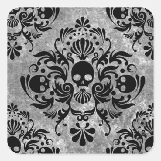 Gothic Black Skull Grunge Damask Muster Quadratischer Aufkleber (Vorderseite)